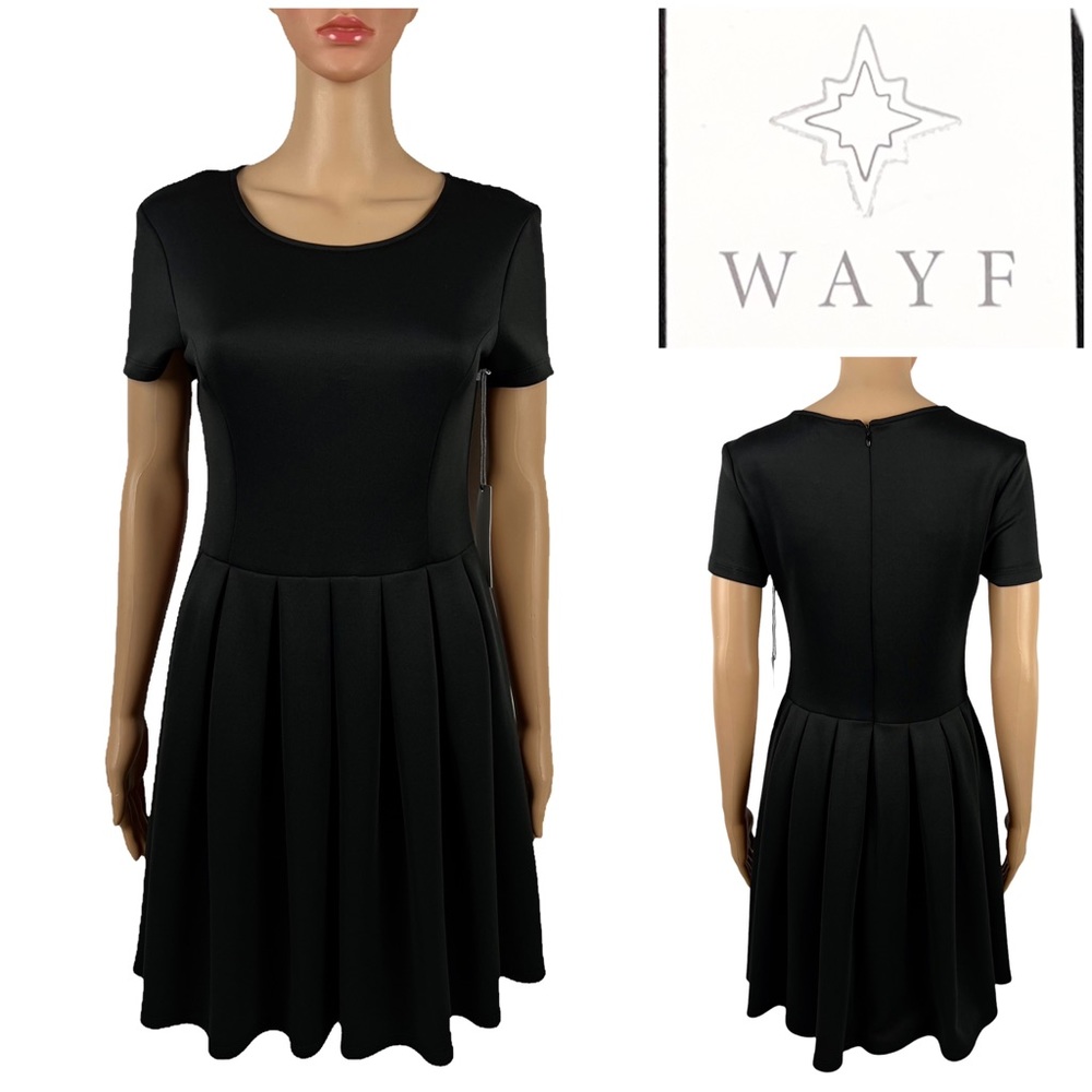 WAYF Women Small Dress Fit Flare Black Short Sleeve Stretch Pleated USA Mini NWT